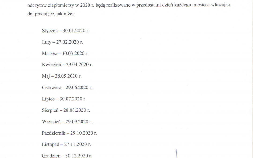 TERMINY ODCZYTÓW CIEPŁOMIERZY W 2020 ROKU